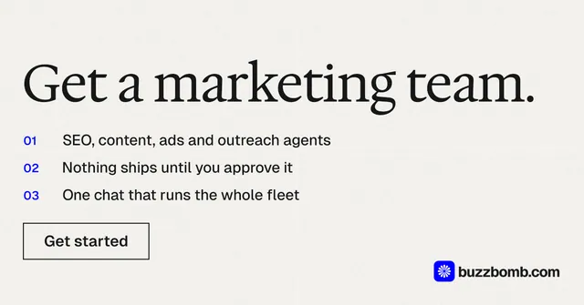 Social ad for BuzzBomb: "Get a marketing team." Editorial style, numbered layout, light palette in white.