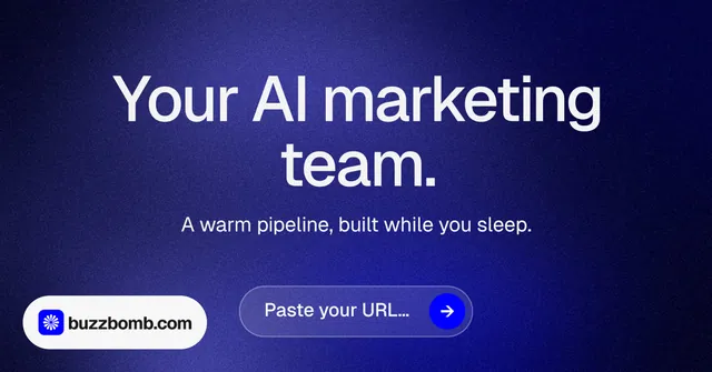 Social ad for BuzzBomb: "Your AI marketing team." Agentic glass style, centred layout, dark palette in blue.