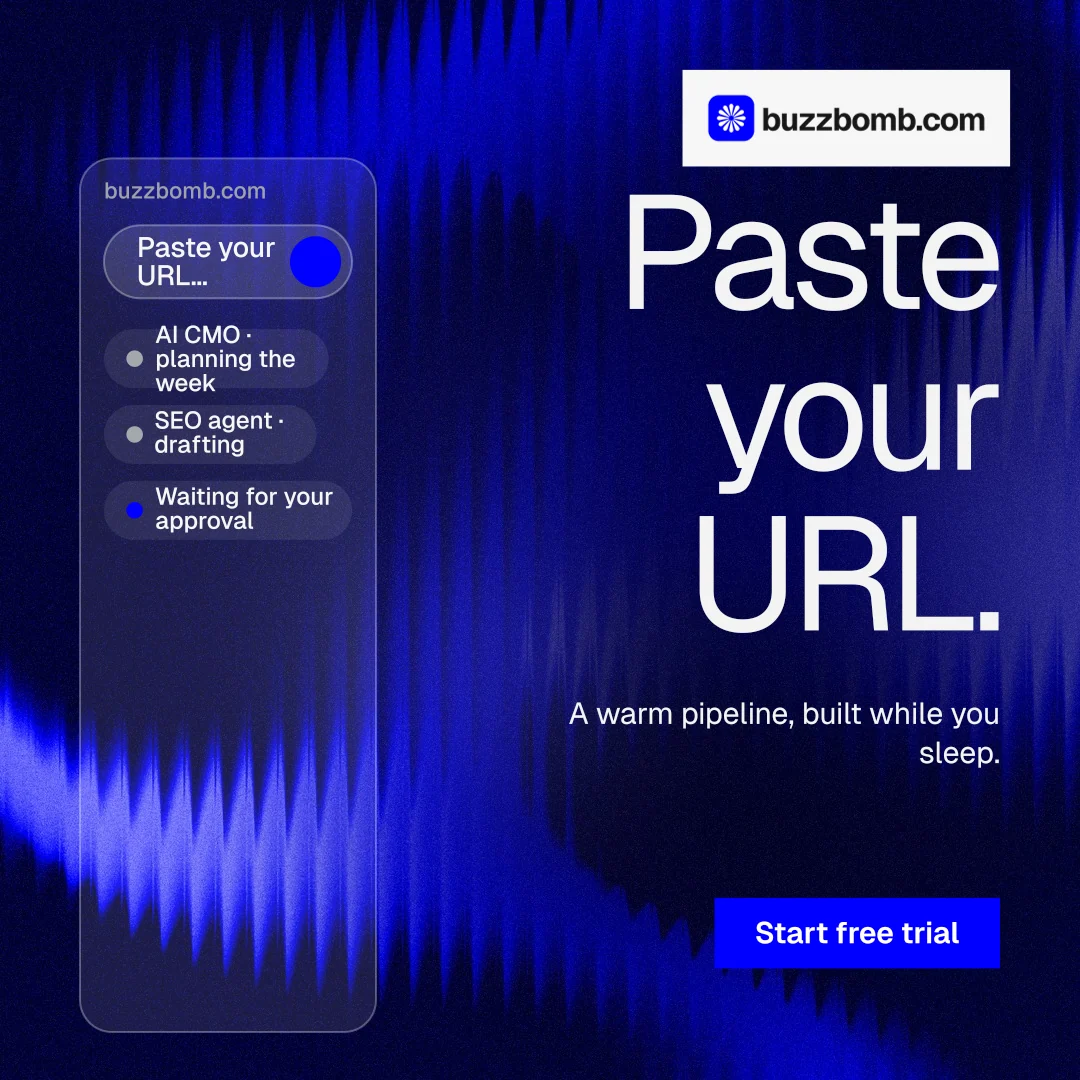 Instagram post for BuzzBomb: "Paste your URL." Swiss style, right layout, dark palette in black, blue.