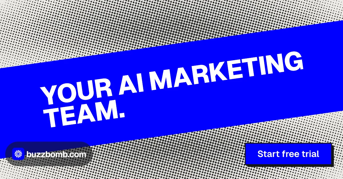 Social ad for BuzzBomb: "Your AI marketing team." Brutalist style, diagonal layout, dark palette in blue, grey.