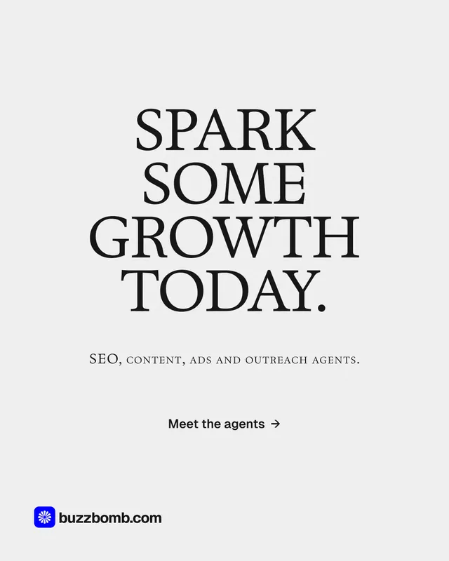 Instagram portrait post for BuzzBomb: "Spark some growth today." Swiss style, smallcaps layout, light palette in white, grey.