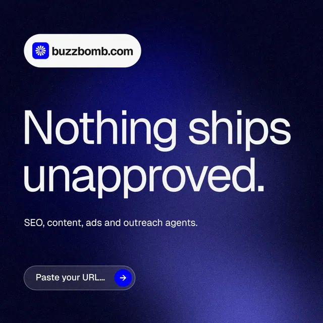 Instagram post for BuzzBomb: "Nothing ships unapproved." Agentic glass style, announce layout, dark palette in black, blue, grey.