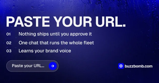 Social ad for BuzzBomb: "Paste your URL." Agentic glass style, numbered layout, dark palette in blue, grey.