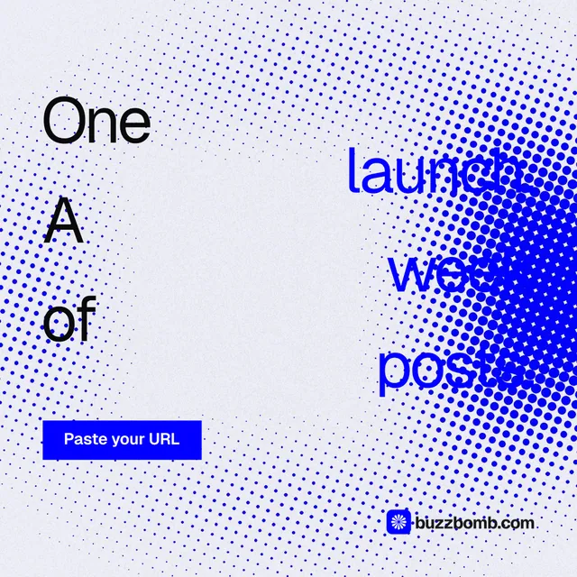Instagram post for BuzzBomb: "One launch. A week of posts." Swiss style, stacked layout, light palette in blue, white.