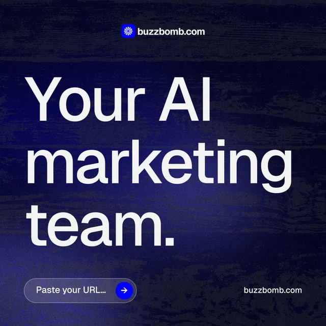 Instagram post for BuzzBomb: "Your AI marketing team." Agentic glass style, poster layout, dark palette in black, blue, grey.
