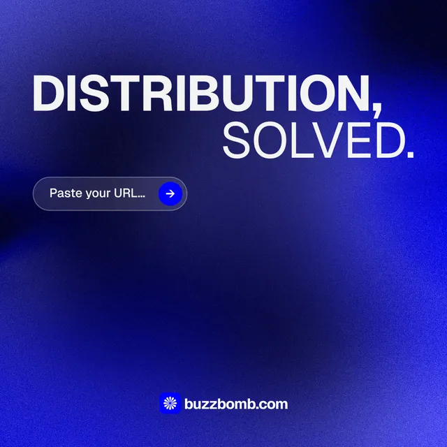 Instagram post for BuzzBomb: "Distribution, solved." Agentic glass style, stacked layout, dark palette in blue.