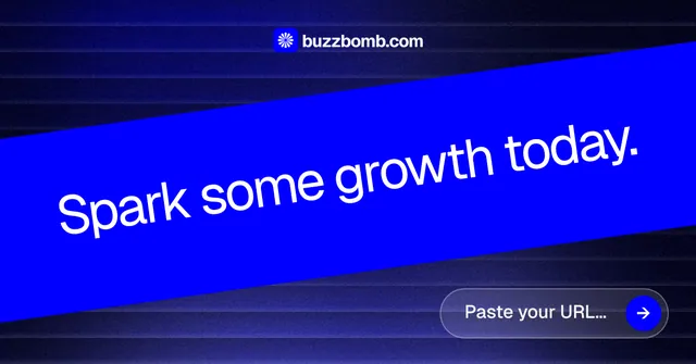 Social ad for BuzzBomb: "Spark some growth today." Agentic glass style, diagonal layout, dark palette in blue.