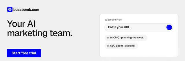X header for BuzzBomb: "Your AI marketing team." Swiss style, bottom layout, light palette in white, blue.