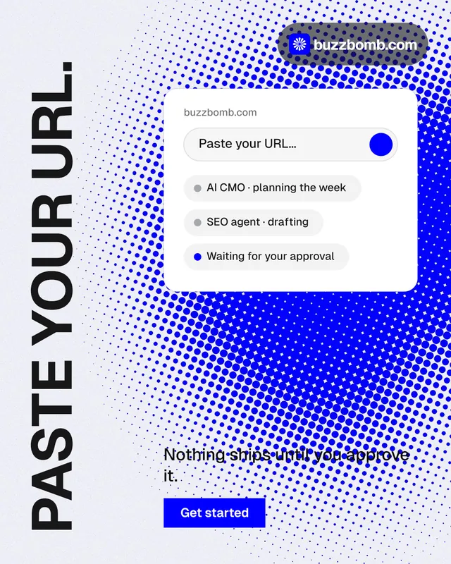Instagram portrait post for BuzzBomb: "Paste your URL." Split block style, vertical layout, light palette in blue, white.