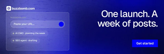X header for BuzzBomb: "One launch. A week of posts." Swiss style, right layout, dark palette in blue.