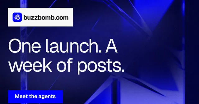 Social ad for BuzzBomb: "One launch. A week of posts." Swiss style, announce layout, dark palette in blue.