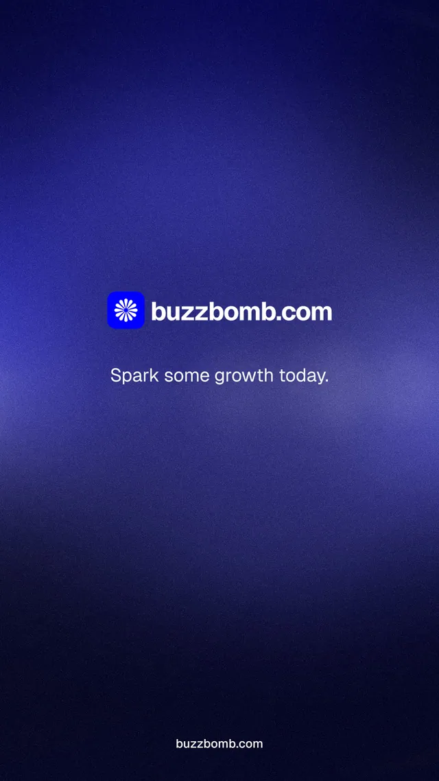 Instagram story for BuzzBomb: "Spark some growth today." Swiss style, end card layout, dark palette in black, blue.