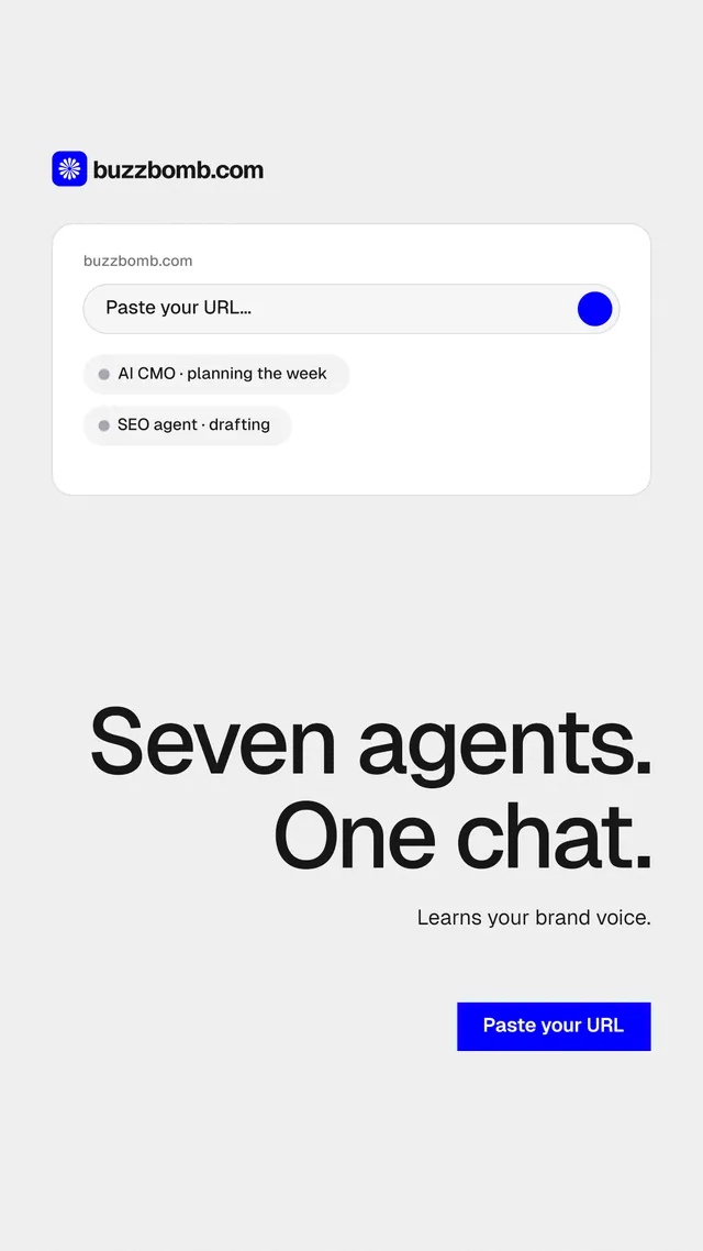 Instagram story for BuzzBomb: "Seven agents. One chat." Swiss style, right layout, light palette in white, grey.
