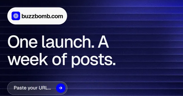 Social ad for BuzzBomb: "One launch. A week of posts." Agentic glass style, announce layout, dark palette in blue, black, grey.