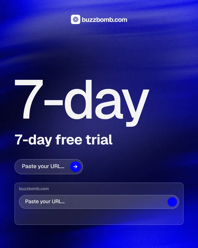 Instagram portrait post for BuzzBomb: "Get a marketing team." Agentic glass style, stat layout, dark palette in blue.