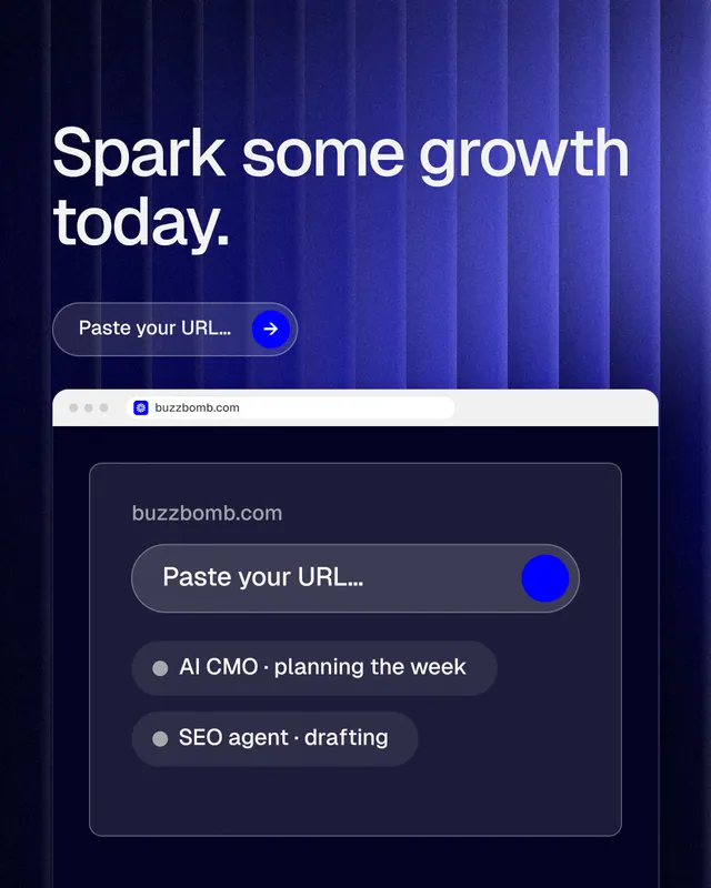Instagram portrait post for BuzzBomb: "Spark some growth today." Agentic glass style, browser layout, dark palette in blue, black.