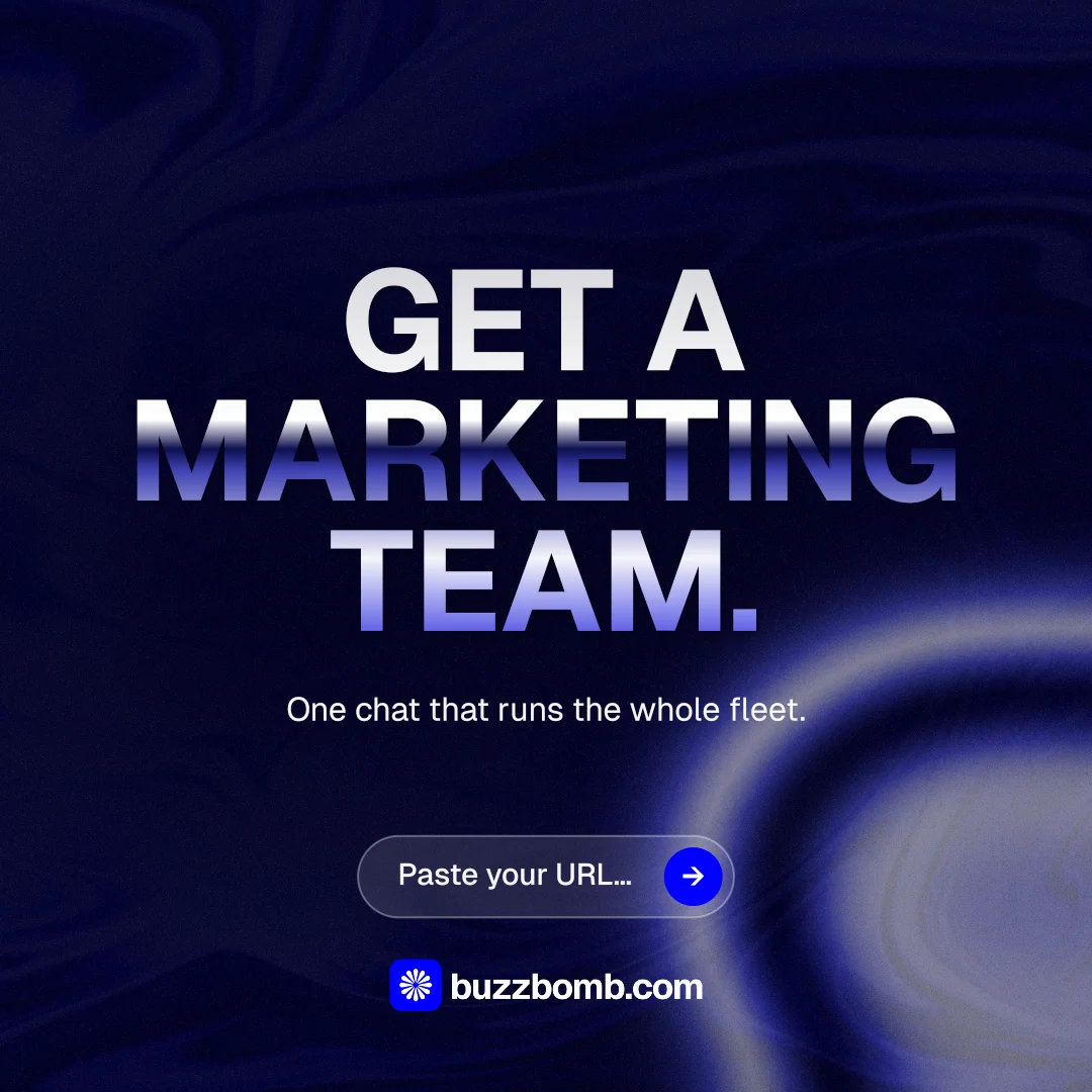Instagram post for BuzzBomb: "Get a marketing team." Agentic glass style, centred layout, dark palette in black, blue, grey.
