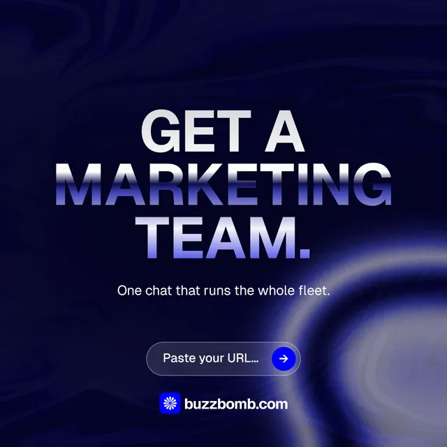 Instagram post for BuzzBomb: "Get a marketing team." Agentic glass style, centred layout, dark palette in black, blue, grey.