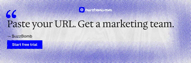 X header for BuzzBomb: "Get a marketing team." Swiss style, quote layout, light palette in blue, white.