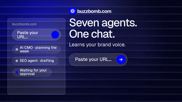 Landscape graphic for BuzzBomb: "Seven agents. One chat." Agentic glass style, skeleton layout, dark palette in black, blue.