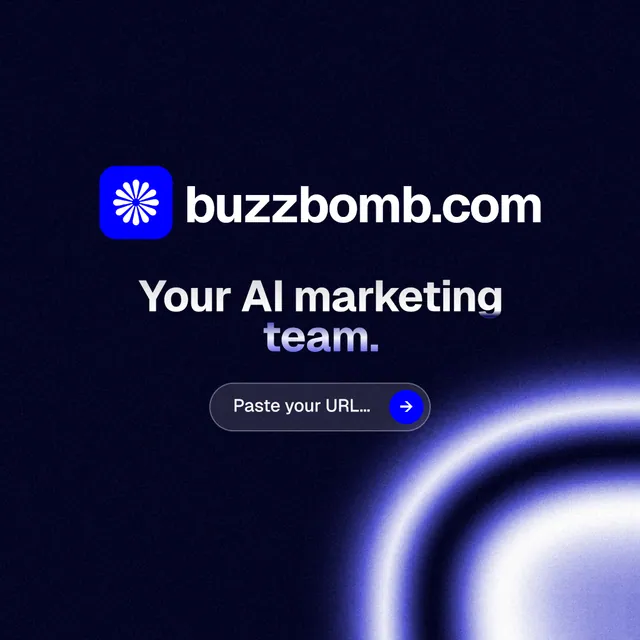 Instagram post for BuzzBomb: "Your AI marketing team." Agentic glass style, logo hero layout, dark palette in black, blue.