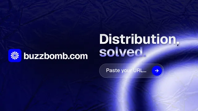 Landscape graphic for BuzzBomb: "Distribution, solved." Agentic glass style, logo hero layout, dark palette in blue, black.