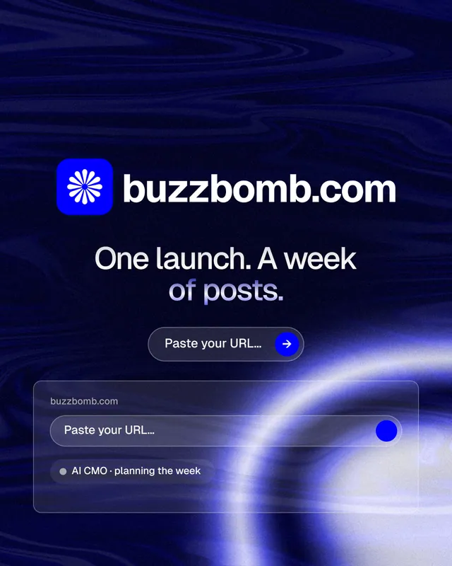 Instagram portrait post for BuzzBomb: "One launch. A week of posts." Agentic glass style, logo hero layout, dark palette in black, blue.