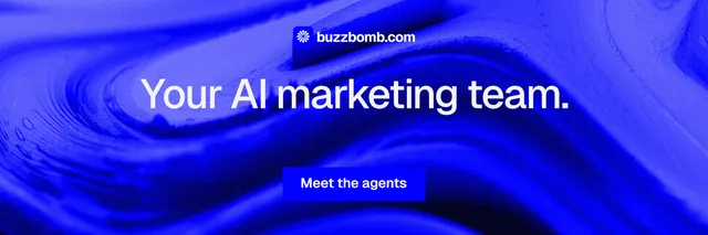 X header for BuzzBomb: "Your AI marketing team." Swiss style, centred layout, dark palette in blue.