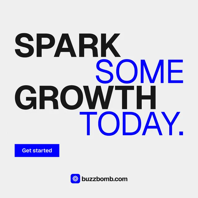 Instagram post for BuzzBomb: "Spark some growth today." Swiss style, stacked layout, light palette in white, blue.