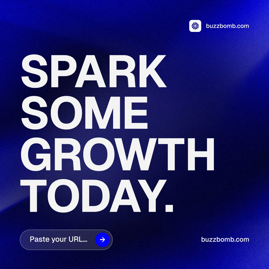 Instagram post for BuzzBomb: "Spark some growth today." Agentic glass style, poster layout, dark palette in blue, white.