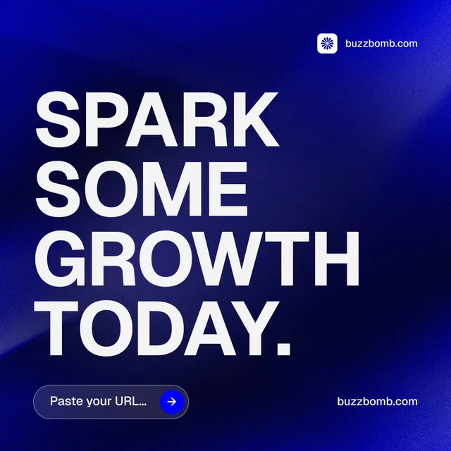 Instagram post for BuzzBomb: "Spark some growth today." Agentic glass style, poster layout, dark palette in blue, white.