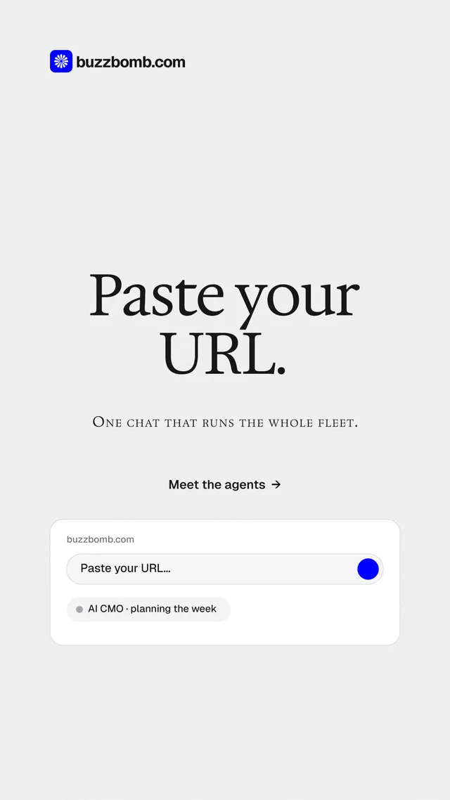 Instagram story for BuzzBomb: "Paste your URL." Editorial style, smallcaps layout, light palette in white.