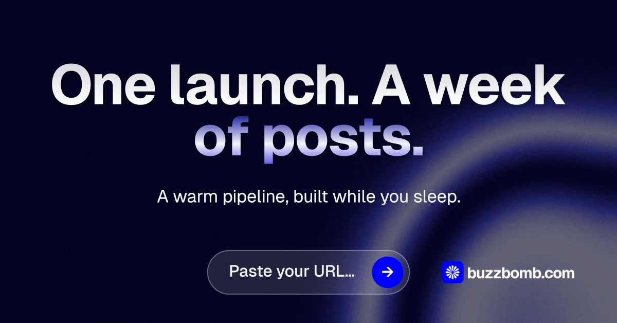 Social ad for BuzzBomb: "One launch. A week of posts." Agentic glass style, centred layout, dark palette in black, grey, blue.