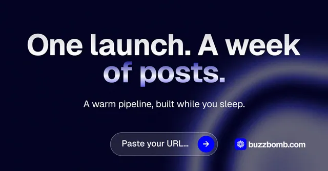 Social ad for BuzzBomb: "One launch. A week of posts." Agentic glass style, centred layout, dark palette in black, grey, blue.