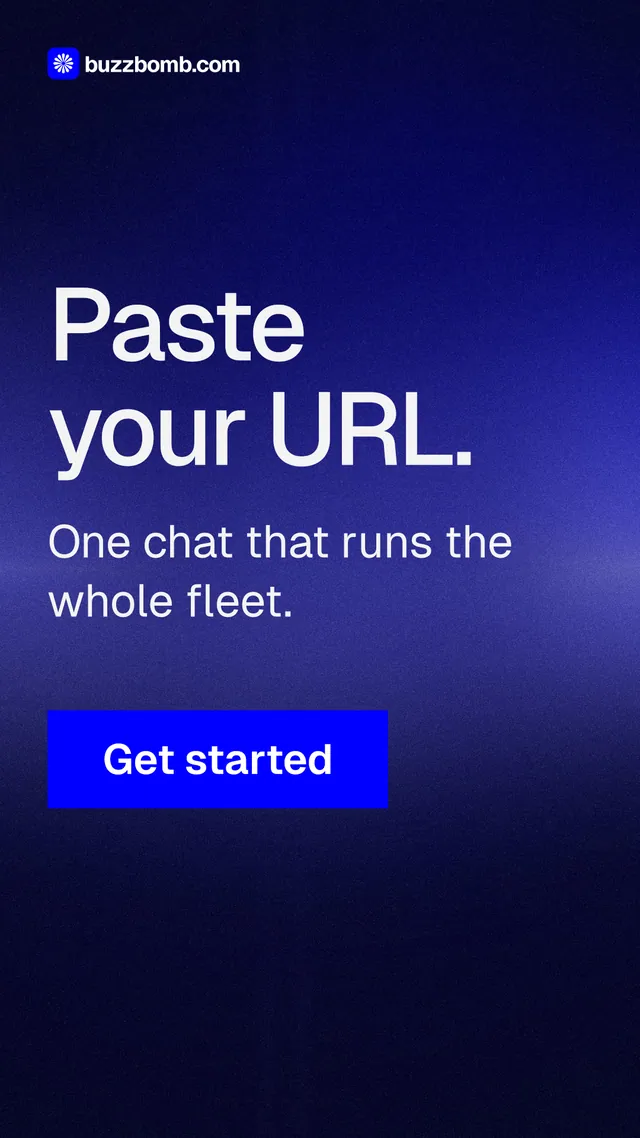 Instagram story for BuzzBomb: "Paste your URL." Swiss style, skeleton layout, dark palette in black, blue.