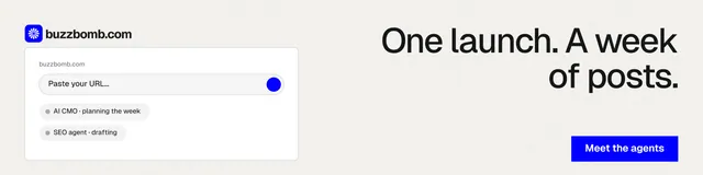 LinkedIn banner for BuzzBomb: "One launch. A week of posts." Swiss style, right layout, light palette in white.