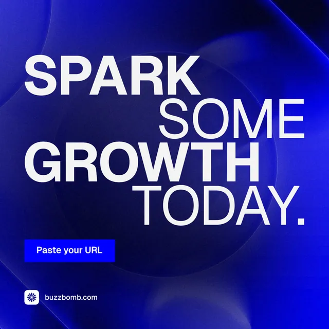 Instagram post for BuzzBomb: "Spark some growth today." Swiss style, stacked layout, dark palette in blue.