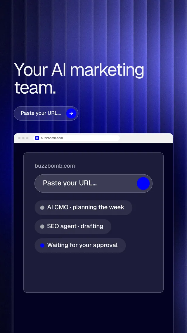 Instagram story for BuzzBomb: "Your AI marketing team." Agentic glass style, browser layout, dark palette in blue, black.