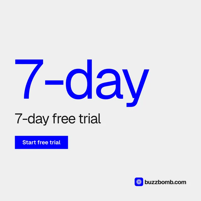 Instagram post for BuzzBomb: "Nothing ships unapproved." Swiss style, stat layout, light palette in white, blue.