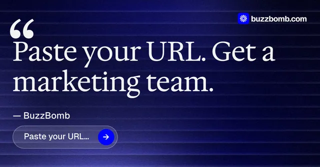 Social ad for BuzzBomb: "Spark some growth today." Agentic glass style, quote layout, dark palette in black, blue, grey.