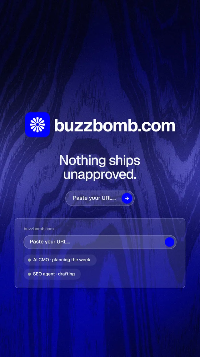 Instagram story for BuzzBomb: "Nothing ships unapproved." Agentic glass style, logo hero layout, dark palette in black, blue.