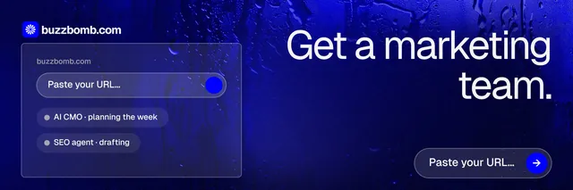 X header for BuzzBomb: "Get a marketing team." Agentic glass style, right layout, dark palette in blue.