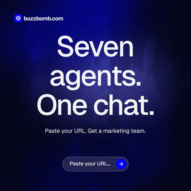 Instagram post for BuzzBomb: "Seven agents. One chat." Agentic glass style, centred layout, dark palette in black, blue.