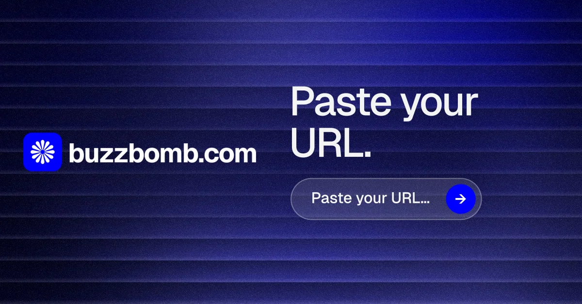 Social ad for BuzzBomb: "Paste your URL." Agentic glass style, logo hero layout, dark palette in blue.