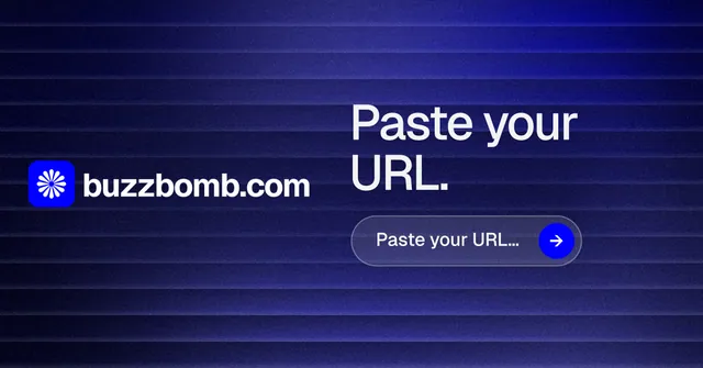 Social ad for BuzzBomb: "Paste your URL." Agentic glass style, logo hero layout, dark palette in blue.