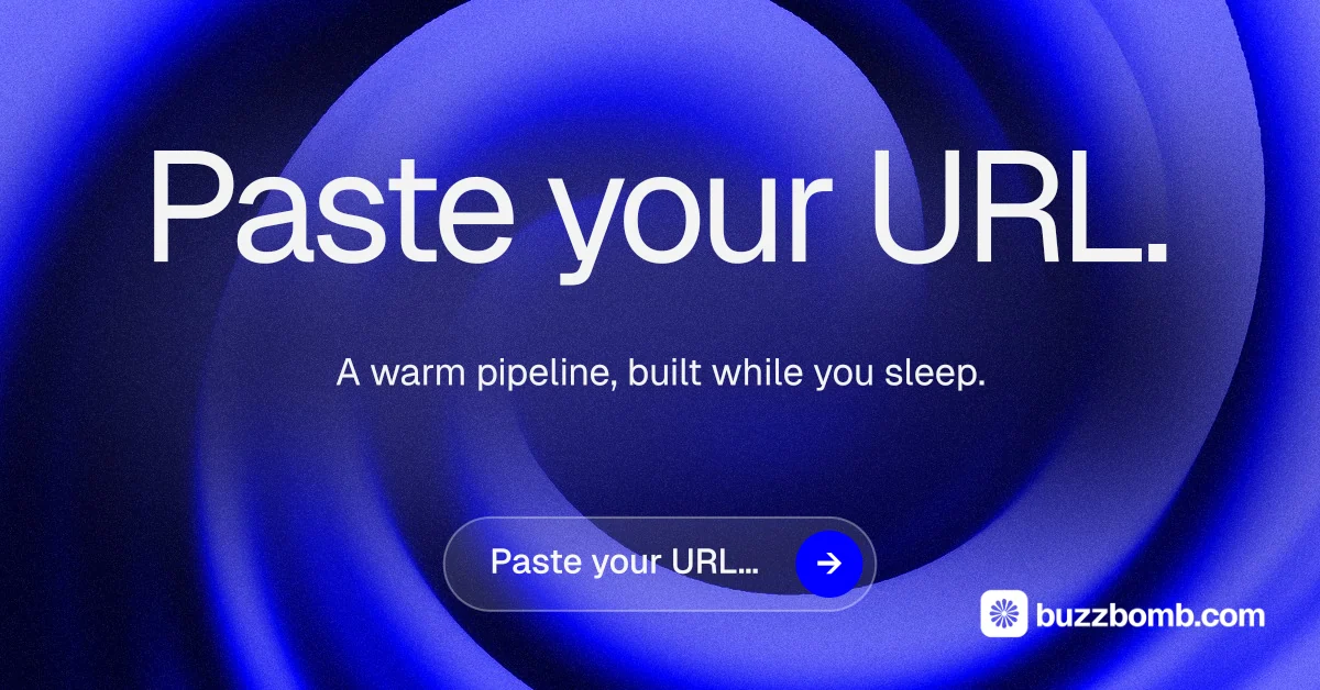 Social ad for BuzzBomb: "Paste your URL." Agentic glass style, centred layout, dark palette in blue.