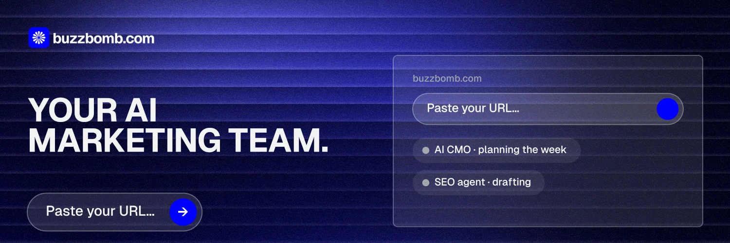 X header for BuzzBomb: "Your AI marketing team." Agentic glass style, bottom layout, dark palette in black, blue, grey.