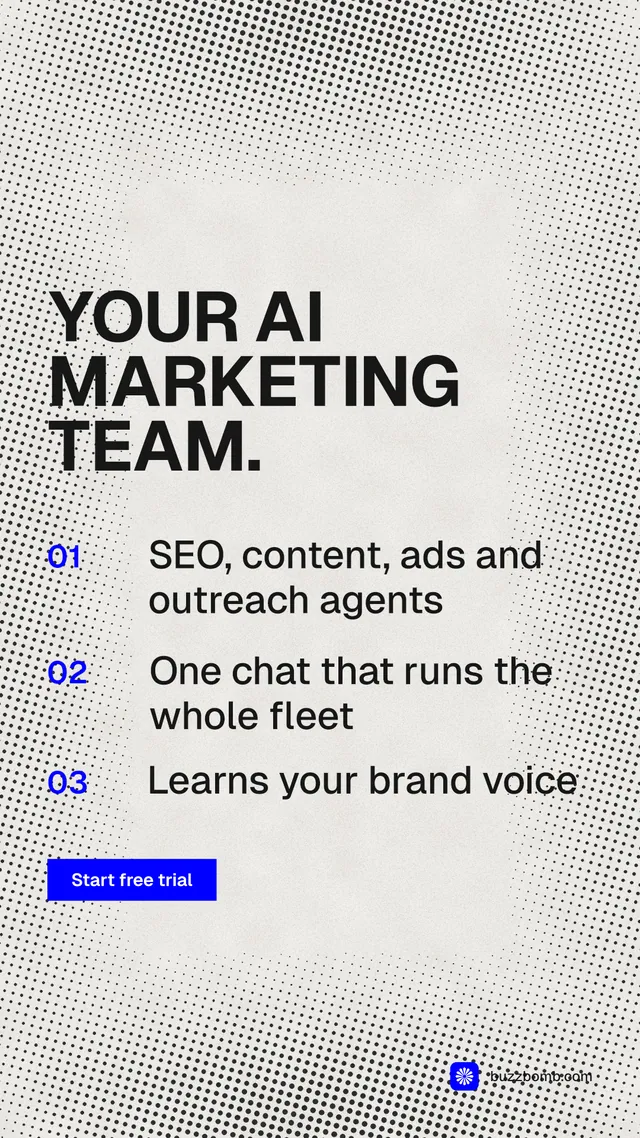 Instagram story for BuzzBomb: "Your AI marketing team." Swiss style, numbered layout, light palette in white, grey.