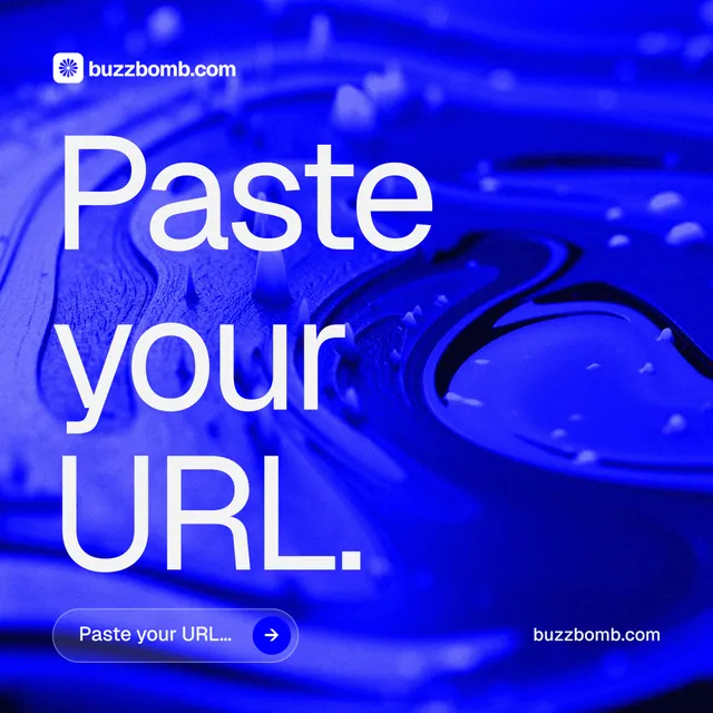 Instagram post for BuzzBomb: "Paste your URL." Agentic glass style, poster layout, dark palette in blue.