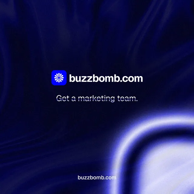 Instagram post for BuzzBomb: "Get a marketing team." Agentic glass style, end card layout, dark palette in blue, black.